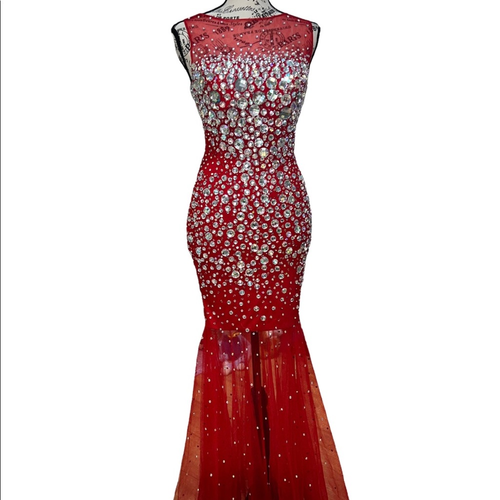 Red Rhinestone Mermaid Formal Prom Dress